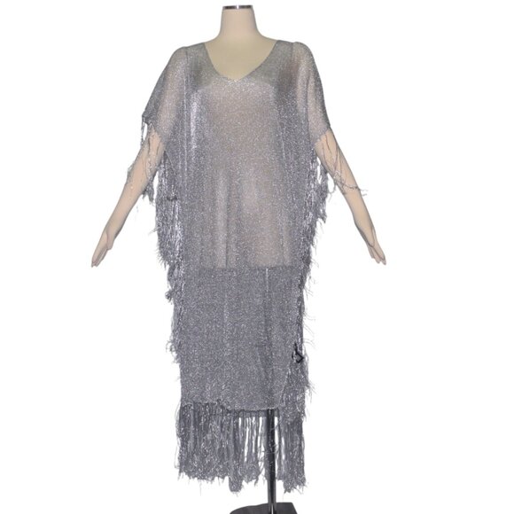 Zara Silver Metallic Knit Crochet Caftan Dress Fringe M - Picture 8 of 8